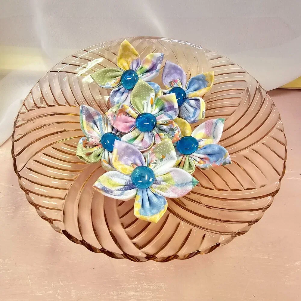 6pc Joyful Garden Fabric Flower Set, Bright & Colorful Pastels, Blue Centers